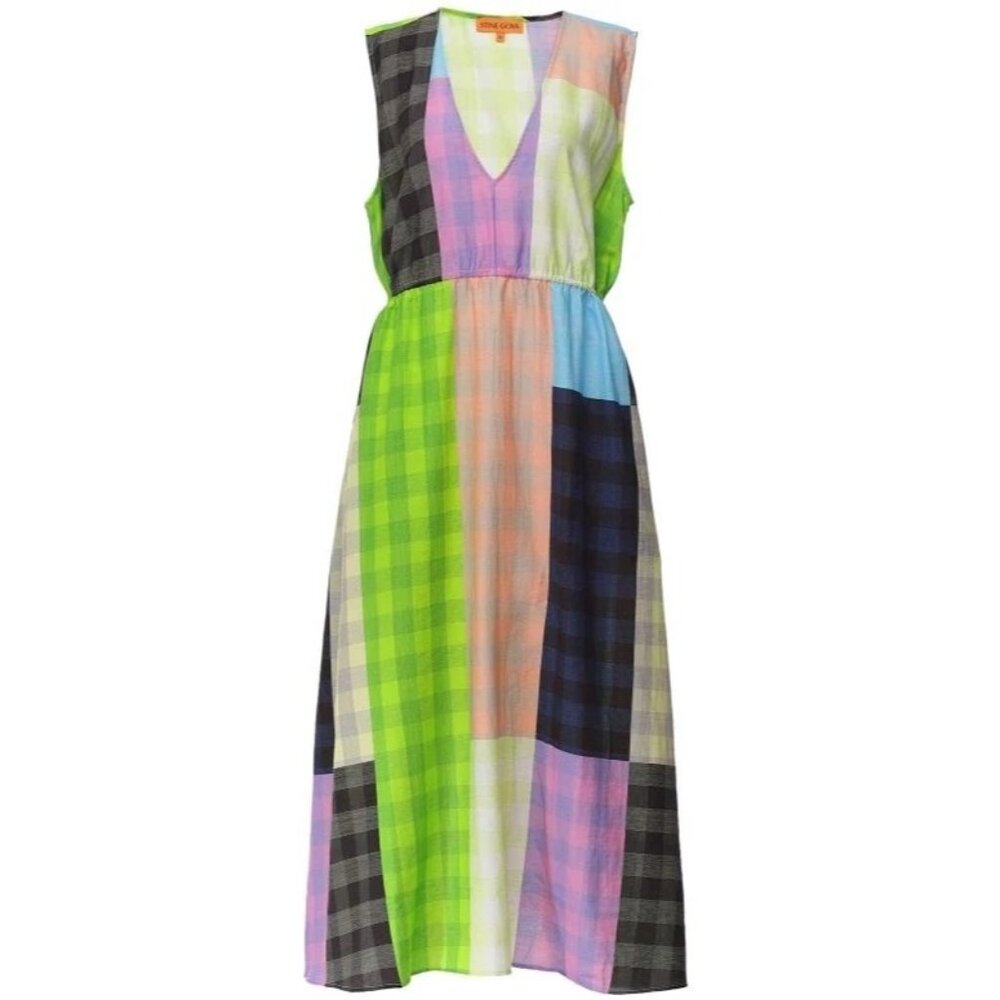 NEW STINE GOYA DRESS WOMENS XS ANNALIE CHECK MIDI PATCHWORK SLEEVELESS MULTI COL